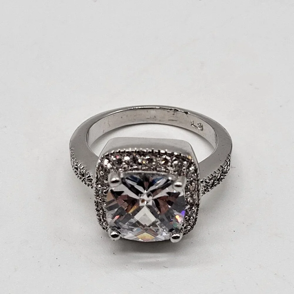 Silver Tone Fashion Ring Square Cut Faceted SZ 7.75 Bling Wedding - Picture 5 of 9